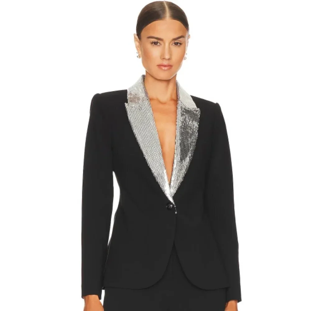 L'AGENCE 'Clementine' Sequin Lapel Ponte Blazer, Black/Silver